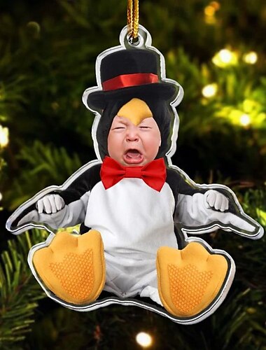  Gepersonaliseerde foto kerstornamenten acryl 2D Aangepaste babygezicht pinguïn kerstboomornamenten kerstdecoratie Hangende hanger geschenken