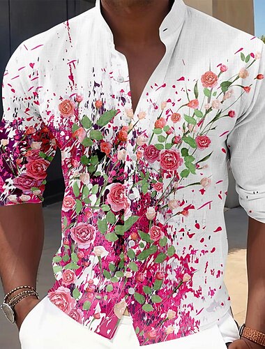  Herren Blumen Knopfhemd Langarm Brautkleider schlicht Urlaub Täglich Sommer Frühling & Herbst Stehkragen Opa Kragen 3D-Druck Weiß Rosa Blau Salbei