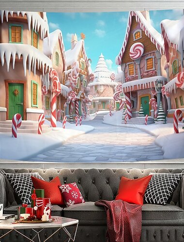  juledekorasjoner hengende billedvev veggkunst julegodteri hus stor billedvev veggmaleri dekor fotografi bakteppe teppe gardin hjem soverom stue