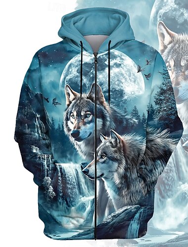  Hombre Lobo Sudadera Sudaderas Sudadera Manga Larga Sudadera con capucha Con Capucha Moda Impresión 3D Festivos Viaje Azul Piscina Cremallera Bolsillo Correa Otoño Invierno Diseñador