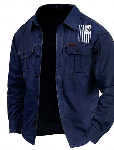  Herren Amerikanische US-Flagge Hemd Westernhemd Cargo-Shirt Langarm Brautkleider schlicht Taktisch Sport & Natur Ausgehen Winter Frühling & Herbst Umlegekragen Bedruckt Schwarz Armeegrün Blau Khaki