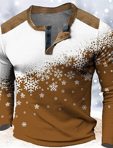  クリスマス メンズ クリスマス シーン ヘンリー T シャツ グラフィック カラー ブロック スノーフレーク ファッション デザイナー カジュアル 3D プリント ヘンリー ワッフル スポーツ アウトドア ホリデー フェスティバル レッド ブルー ブラウン 長袖 ヘンリー スプリング