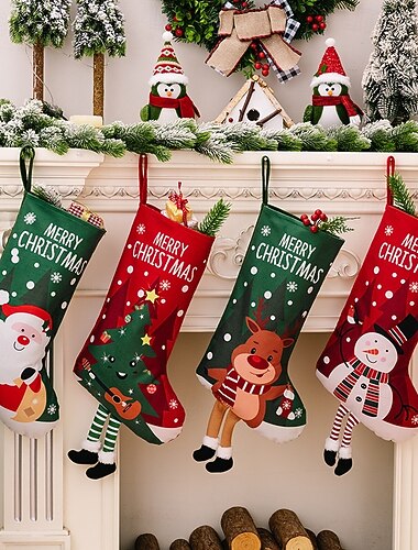  bas de Noël imprimés colorés, décoration de Noël, fête de Noël, chaussettes cadeaux du Père Noël et sacs cadeaux bonhomme de neige, bas de Noël suspendus rouges et verts