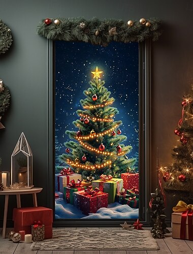  Christmas Door Decorations Door Covers Xmas Outdoor Tree Door Tapestry Door Curtain Decoration Backdrop Indoor/Outdoor Door Banner for Front Door Farmhouse Christmas Holiday Party Decor Supplies
