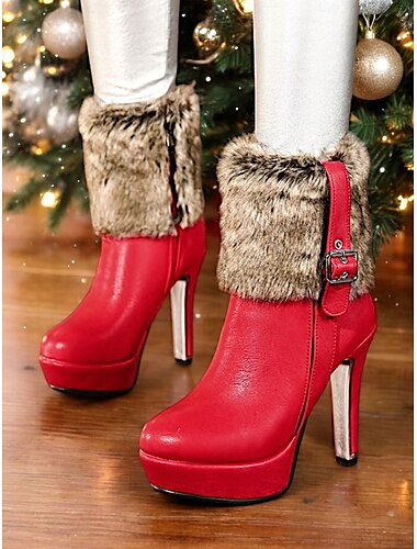  Rote Weihnachtsstiefel mit hohem Absatz und Pelzbesatz für Damen mit Plateau und Schnallendetail – festliche Winter-/Ferienschuhe