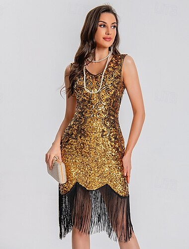  عشرينيات خمر مستوحاة اللباس الزعنفة أزياء الحفلة بلا أكمام غاتسبي العظيم ضيف حفل الزفاف ترتر مكشكش ترتر شرابة V رقبة نسائي كريسماس عيد الميلاد عيد الرعب السنة الجديدة