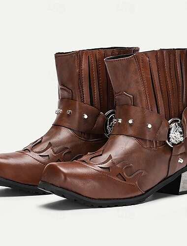  Schwarze Motorradstiefel aus Kunstleder für Herren mit Flammenstickerei und Metallschnalle – Stiefeletten im Westernstil für Bikermode und Freizeit