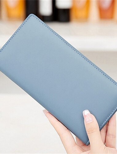  carteira longa ultrafina dobrável de couro pu portátil com bloqueio rfid e vários compartimentos para cartão, talão de cheques &titulares de cartão de crédito