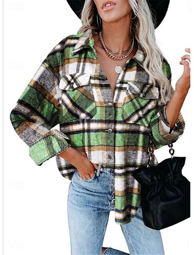  Damen Hemdjacke Shacket warm halten Atmungsaktiv Knopf Tasche Bedruckt Brautkleider schlicht Plaid Urlaub Strasse Freizeitskleidung Ausgehen Einreihiger Verschluss Standard Umlegekragen Regular Fit