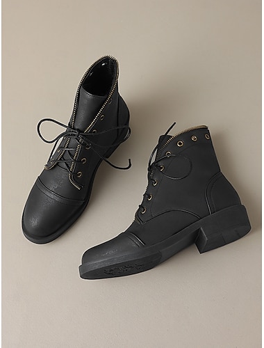  Botines marrones con cordones y detalle de cremallera para mujer: elegantes botas de combate vintage para otoño y para uso informal