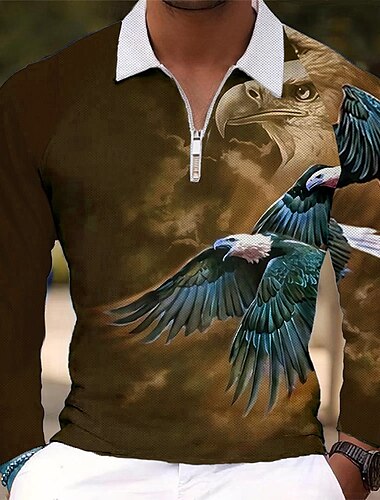  Herren Adler Patriotisch Poloshirts Golf Poloshirts Langarm Polo-Shirts Kragen Urlaub Party-Abendmode Alltagskleidung Reißverschluss 3D-Druck Frühling Herbst Winter Blau Purpur Grün