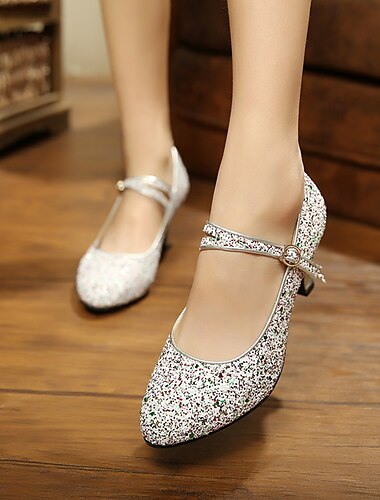  Damen Schuhe für modern Dance Abiball Für den Ballsaal Walzer Übergrössen Absätze Pailletten Kubanischer Absatz Schnalle Erwachsene Silber Gold