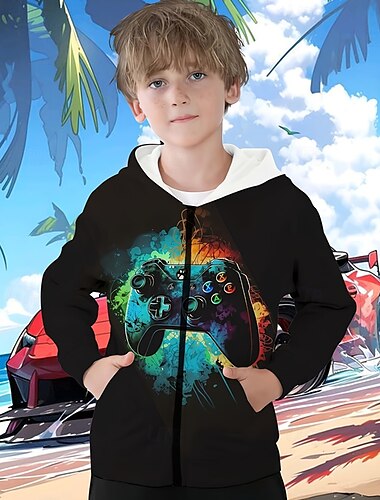  Pojkar 3D Grafisk Spel Huvtröja Kappa Ytterkläder Långärmad Vår Höst Mode Streetwear Barn 4-12 år Huva Utomhus Ledigt Dagligen Normal