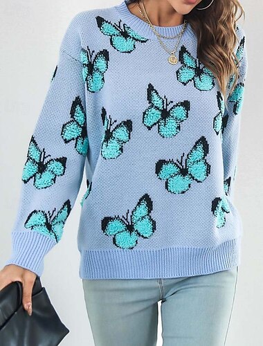  Mujer Pulóveres Moda Estilo lindo Ropa de calle Graphic Estampado Cuello Barco De Punto Manga Larga Tops regulares Tejer Trabajo Fin de semana Azul Piscina Naranja Otoño Invierno