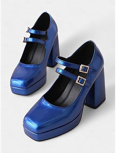  Damen-Mary-Jane-Pumps im Retro-Look aus Lack-Kunstleder mit klobiger Sohle und Doppelriemen – modische Schuhe mit Blockabsatz für Party- oder Freizeit-Outfits im Vintage-Stil