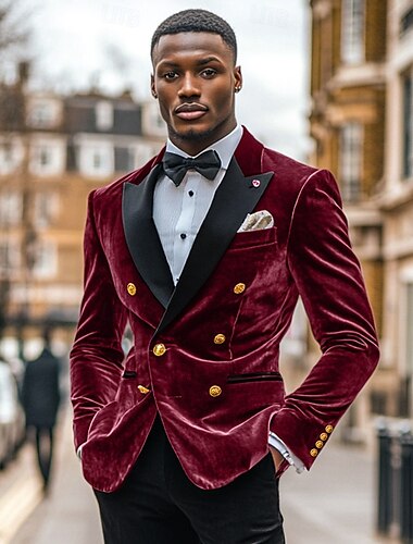  Herren Blazer-Jacke Smoking Vintage Party Samt Patchwork Einfarbig Blazer Schwarz Burgunderrot Dunkelblau Weite Passform Zweireihige Sechs-Knöpfe