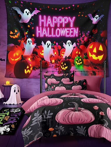  halloween dekorasjoner blacklight billedvev uv reaktiv glød i mørket glød fest gresskar klistremerker psykedeliske trippy tåkete hengende billedvev veggkunst veggmaleri for stue soverom spøkelse