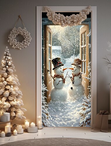  زينة باب عيد الميلاد أغطية الأبواب رجل ثلج عيد الميلاد نسيج الباب ستارة الباب خلفية ديكور لافتة الباب الداخلي / الخارجي للباب الأمامي مزرعة ديكور حفلة عطلة لوازم