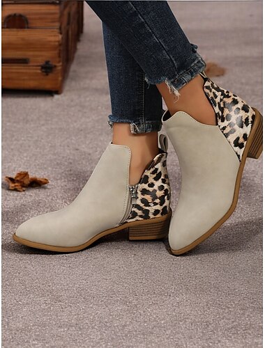  bottines beiges pour femmes à imprimé léopard et talon bas bloc – bottines tendance à fermeture éclair latérale pour un usage décontracté et quotidien