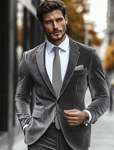  Herren Hochzeit Party-Abendgarderobe Anzüge Suits Grau Modisch Täglich Einfarbig Weite Passform 2-teiliges Set Einreiher - 1 Knopf