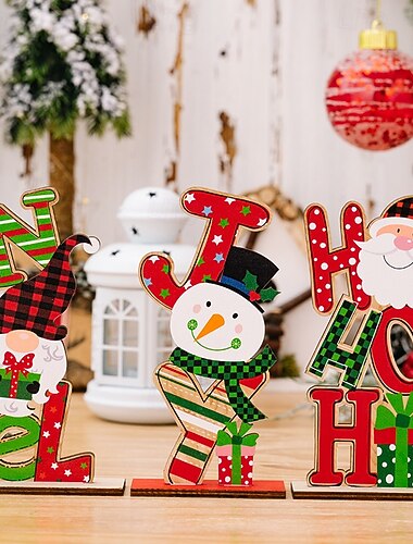  クリスマスの木製置物 - カラフルな文字飾り、雪だるま、ノーム、老人のデザイン、休日の家の装飾のためのお祝いの木製装飾