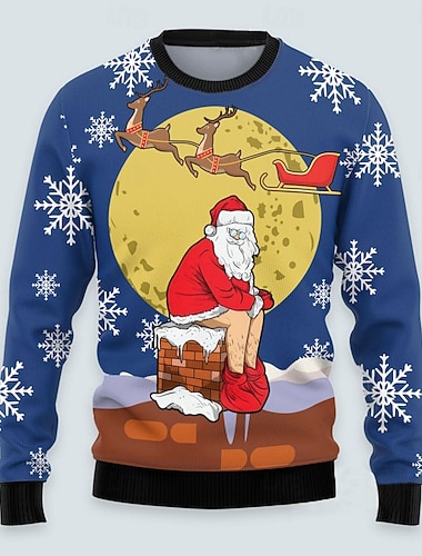  stygg julegenser herre morsomme gensere julenissen genser strikking termisk fest kveld nyttårsaften langermet rund hals høst vinter blå s m l