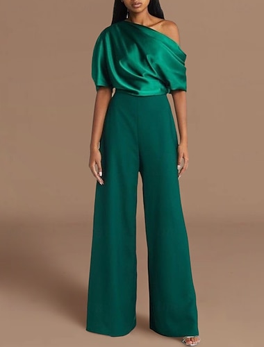  Jumpsuits Bröllopsgäster Elegant Formell Bröllopsreception Golvlängd Kort ärm En axel Stretch Crepe med Rynk 2025