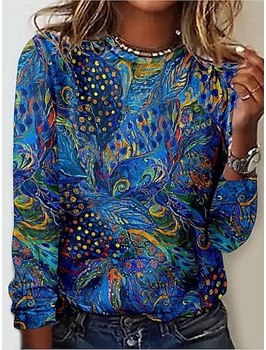  Vrouwen Tuniek T-shirt Mode Casual Print Lange Mouwen Regelmatige Tops Crew Neck Daily Blauw Luchthemelblauw Lente Herfst