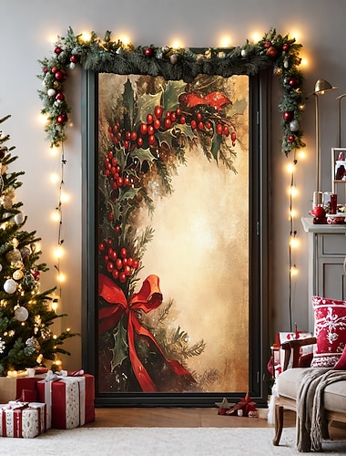  juledørdekorasjoner dørdeksler eviggrønn kristtorn dør billedvev dørgardindekorasjon bakteppe dør banner for inngangsdør gårdshus juleferie fest dekorutstyr gave innendørs/utendørs