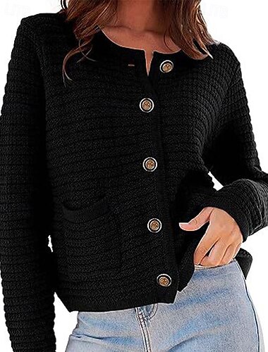  Dames Vest Elegant Modieus Dagelijks Effen Kleur Strakke ronde hals Gebreid Met Textuur Lange mouw Normale tops breien Formeel Rode Wijn Zwart Herfst Winter
