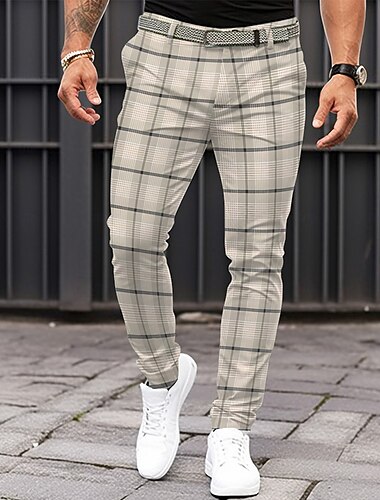  Herre Ruter Dressbukser Medium Midje Business Casual Formell Hverdag Lomme Sommer Vår Høst Beige