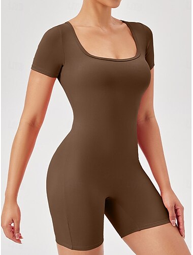  Damen Overall Trainingsanzug Einteiler Feste Farbe Bodysuit Einteiler Beige Schwarz Yoga Fitness Fitnesstraining Hoher Taillenbund Atmungsaktiv Weich Kurzarm Sport Sportkleidung Mikro-elastisch