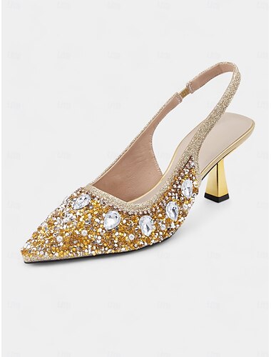  saltos altos femininos com strass dourados e enfeites de pérolas – sapatos de bico fino de luxo para casamentos, festas e ocasiões formais