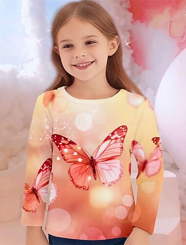  Para Meninas 3D Gráfico Animal Borboleta Camisa Camiseta Manga Longa Primavera Outono Moda Básico Infantil 4-12 anos Gola Redonda Ao ar livre Casual Diário Normal