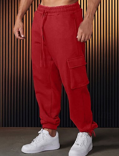  Men's Sweatpants Joggers Trousers Cargo Sweatpants Pocket Drawstring Elastic Waist Plain Comfort Sports Outdoor Daily Fashion Casual Black Red Micro-elastic