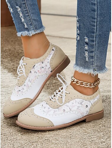  Mehrfarbige Oxford-Schuhe für Damen, Retro-Flügelkappen-Design mit grünen, rosa und violetten Einsätzen, lässige Schnürschuhe für Mode und Alltag