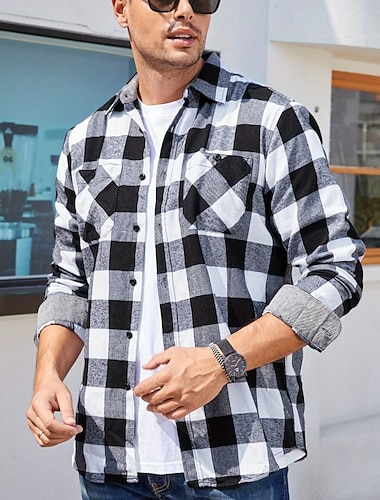  Herren Hemd Flanelljacke Flanell Hemden Overshirt Plaid Outdoor Strasse Schwarz Weiß Rote Marineblau Langarm Kragen Frühling & Herbst Bekleidung