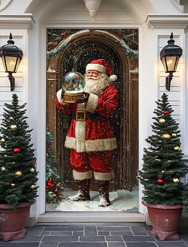  Christmas Door Decorations Door Covers Xmas Santa Door Tapestry Crystal Ball Door Curtain Decoration Backdrop Indoor/Outdoor Door Banner for Front Door Farmhouse Holiday Party Decor Supplies