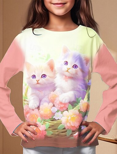  Girls' 3D Graphic Animal Cat T shirt Tee Long Sleeve Spring Fall Fashion Basic Kids 4-12 Years Crew Neck Outdoor Casual Daily Regular Fit