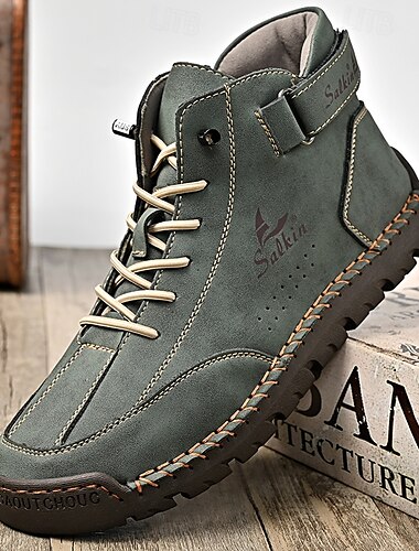  braune High-Top-Stiefeletten aus Kunstleder für Herren – handgefertigte Nähte, Schnürdesign mit Klettverschluss, robuste, rutschfeste Sohle für den Außenbereich