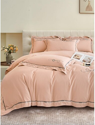 Juego de cama con funda nórdica de 4 piezas, tejido 100% algodón orgánico suave y transpirable, incluye funda nórdica y fundas de almohada para un sueño confortable.