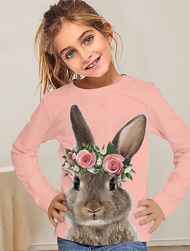  Påsk Flickor 3D Grafisk Djur Kanin T-shirt Långärmad Vår Höst Mode Grundläggande Barn 4-12 år Rund hals Utomhus Ledigt Dagligen Normal