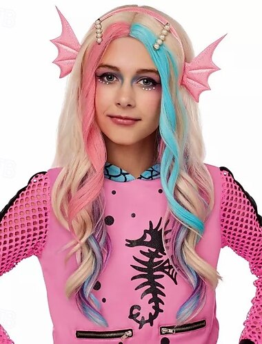  Peluca azul lagoona resistente al calor para niños: pelucas para fiesta de cosplay de Halloween de Monster High