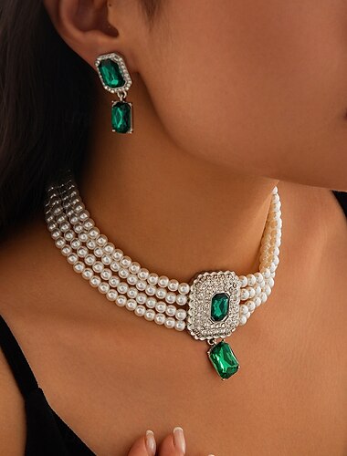  Brautschmuck-Sets 2 Künstliche Perle Zirkonia 1 Halskette Ohrringe Damen Elegant Vintage Süß lieblich Layer-Look Liebe Kostbar Rechteck Schmuck-Set Für Hochzeit Geburtstag Geschenk