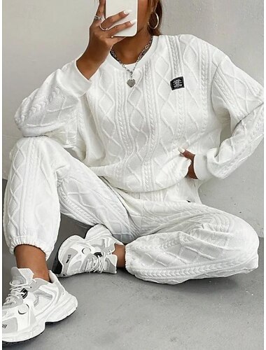  Mujer Deportes Moda Blusa Pantalones Manga Larga Cuello Barco Color sólido Trabajo Casual Diario Blanco Primavera Holgado