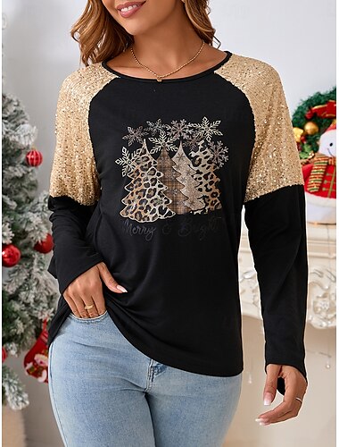  damska koszulka t-shirt świąteczna codzienna casualowa z długim rękawem czarna jesień zima