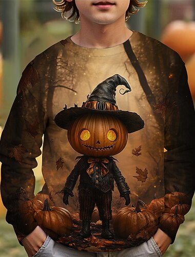  Chico 3D Graphic Caricatura Calabaza Camiseta Manga Larga Primavera Otoño Moda Básico Niños 4-12 años Cuello Barco Exterior Casual Diario Ajuste regular