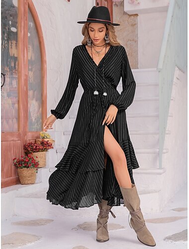  Robe Évasée Robe bohème à manches longues Robe Trapèze Femme Robe Maxi Ceinturé Froncé Vacances Rendez-vous Décontractées Bohème Col V Ample Noir S M L XL