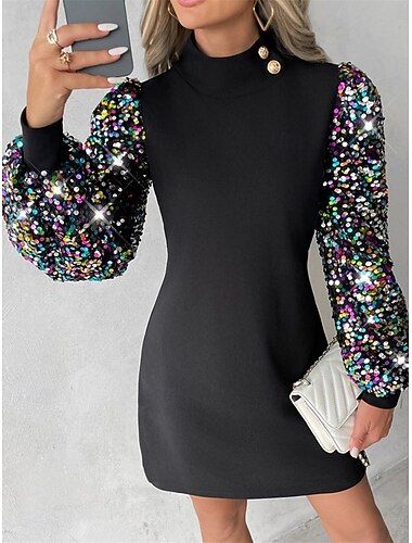  Dames Jurk met lovertjes Mini-jurk Pailletten Lapwerk Casual Opstaand Lange mouw Zwart Wijn blauw Kleur
