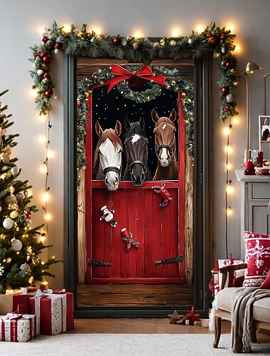  juledørdekorasjoner dørdeksler hester dørteppe dørgardindekorasjon bakteppe dørbanner til inngangsdør gårdshus feriefest dekorutstyr innendørs/utendørs